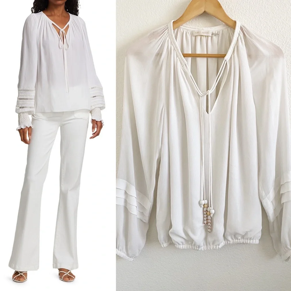 Ramy Brook White Silk Puff Sleeve Peasant Blouse Wooden Beaded Tassel XS - Picture 1 of 8
